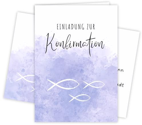 møij 12x EINLADUNGSKARTEN + Umschläge zur Konfirmation, DIN A6, zum Ausfüllen für Mädchen und Jungen (Lila)
