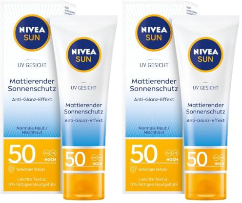 NIVEA SUN UV Gesicht Mattierender Sonnenschutz LSF 50 (50 ml), nicht fettende Sonnencreme für das Gesicht, sofort wirksame Sonnenmilch mit leichter Textur (Packung mit 2)