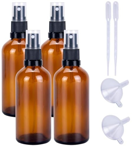 Sewokon 4 Amber Glass Spray Bottles - 100ml, Brown Glass, Small Travel Bottles for Toiletries