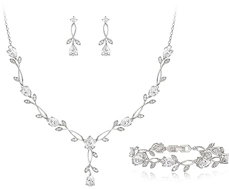 EVER FAITH Parure de bijoux de mariage pour mariée et demoiselles d'honneur, gouttes d'oxyde de zirconium, vigne, collier, boucles d'oreilles, bracelet