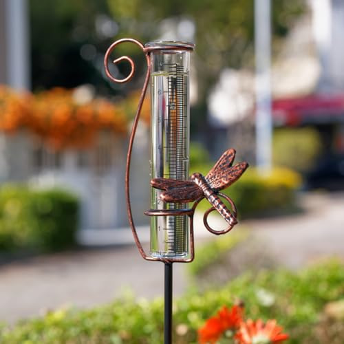 HOBYLUBY Libelle Regenmesser Outdoor mit 17.8 cm Glasrohr | Niederschlagsmessung, 72 cm hoch, Metall-Gartenpfahl, für Terrasse, Garten, Hof, Dekoration