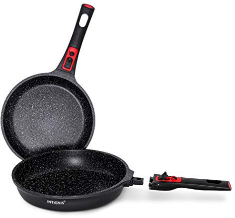 INTIGNIS Frying Pans Set 24cm and 28cm Non Stick Scratch Resistant Detachable Handles Induction Ready Stainless Steel Base Easy Clean Cookware