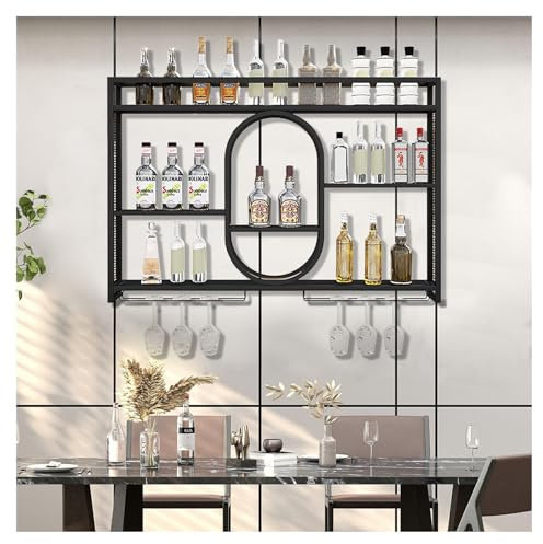 Weinregal Wand Mit LED-Leuchten, Wandmontierte Weinregale, Metall Weinregal Hängend Wandmontage Weinflaschenregale, Liquor Regal Flasche Organisation Schränke, Für Küche Esszimmer Dekor(Black,140x80cm