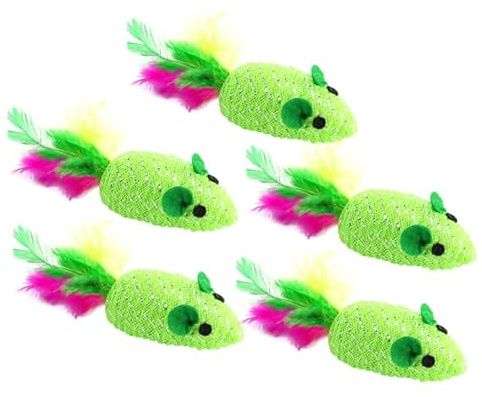 BESPORTBLE Lot De 5 Jouets Souris Tissée avec Plume pour Chat Jouet Souris Interactif Vert Accessoires De Jeu pour Chats D'Intérieur Et Chatons Jouet Chat Tissé Durable 5.12X1.18X1.18In