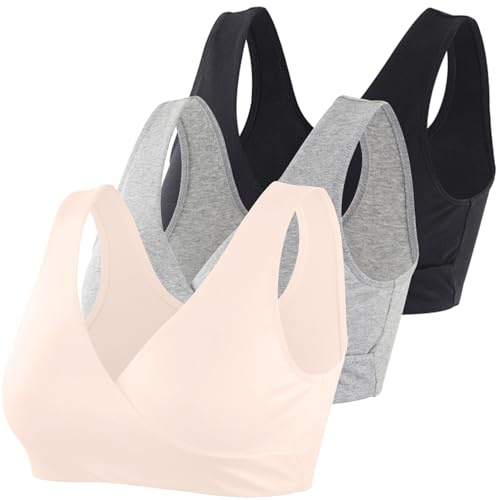 HIHOSSI moderskap amnings-bh:ar – mjuk bomull sömnbh för graviditet och amning, bekväm trådfri design, Svart+grå+aprikos/3-pack, XL
