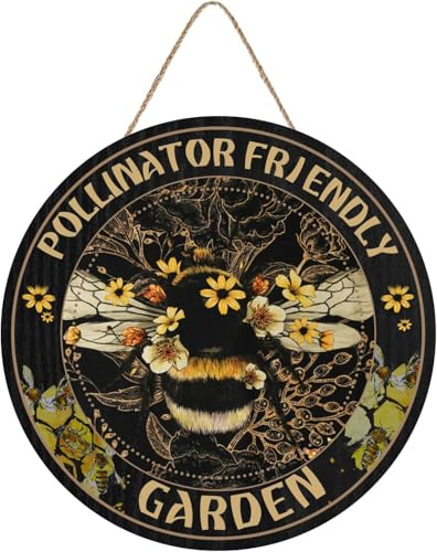 kisoyo Garden Sign Pollinator Friendly Bee Retro Yard Wooden Plaques Hanging Outdoor Rustic Wall Decor, Bee Pollinator Friendly Garden Wooden Sign Gift For Men & Women, Family 8x8