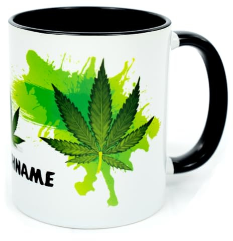 Hanfblatt Tasse mit Namen personalisiert Kaffeetasse Cannabis Geschenk lustig Männer Frauen Kiffer Gras Marihuana Deko THC Weed Zubehör witzig Hanf Blatt Artikel Equipment Joint Becher Keramik 330 ml