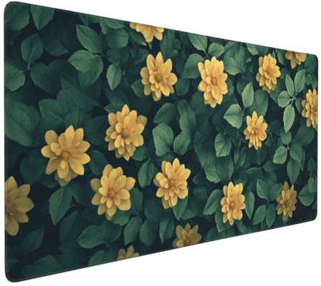 Gaming Mauspad XXL Grün Mousepad 800x400x4mm gelbe Blume Verlängertes Mauspad Schreibtischauflage,Genähte Kanten Mauspad,Verbessert Präzision Geschwindigkeit Wasserdicht Geeignet für Büro und Spiele