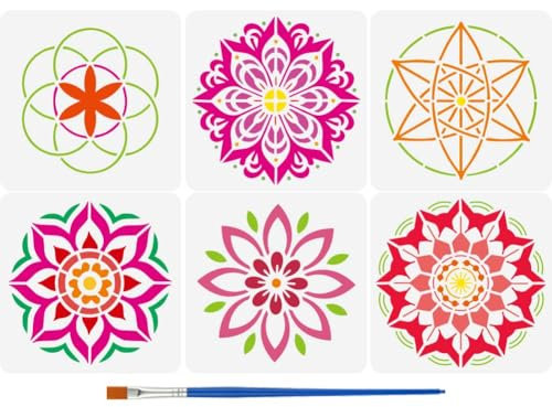 FINGERINSPIRE 6 Stück Zeichenschablone Blume Des Lebens Mit Einem Pinsel 15x15cm Mandala Blumen Malvorlage Heilige Motive Lebensblumen Schablone Zum Malen Auf Holz Wänden Stoffen Und Möbeln