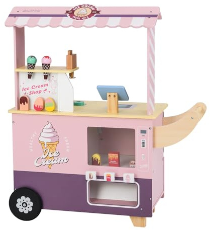 RELAX4LIFE Juguete carro helado para niños con 15 piezas de juguetes, puesto de helado con dispensador automático, expositor y caja, carrito de helado móvil para niños 3+ años (rosa)