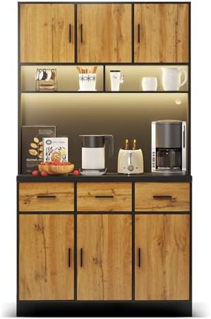 Küchenschrank mit Arbeitsplatte, Modern Hochschrank mit LED-Beleuchtung und Integrierter Steckdose, Buffetschrank mit Schubladen, Türen und Verstellbaren Einlegeböden, 100x40x180cm, Schwarz+Holzfarbe