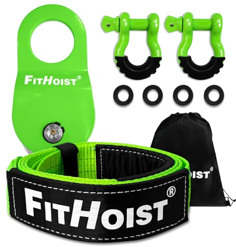FITHOIST Offroad Recovery Kit, Snatch Block Pulley 10 Ton and Tree Saver Strap 3 x8' and 2pc D Ring Shackles 3/4, Winch Accessories for Car Truck SUV ATV