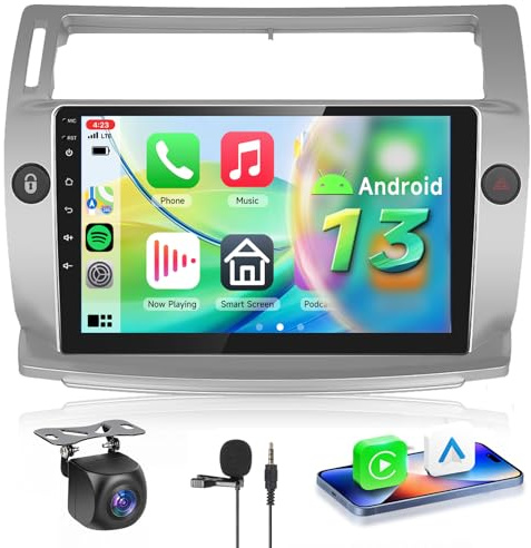 【4+64G】 Hodozzy Carplay Radio Coche para Citroën C4 2004-2009, Pantalla Táctil de 9 Pulgadas con Android Auto/EQ/Mirror Link/WiFi/GPS/RDS/FM/Bluetooth/USB