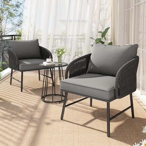 YuQozii Bistroset 3-teiliges,Balkonmöbel-Set, handgeflochtenes Seil, Glastischplatte, Stühle mit Einer Tragkraft von 160 kg, geeignet für Terrasse, Garten und Balkon, Grau