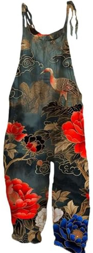 EMUKFD Dungarees for Women UK Wide Leg Boho Print Jumpsuit Floral Loose Fit Playsuits Cotton Linen Summer Beach Sleeveless Rompers Bib Overalls Breathable Baggy Casual Holiday Trousers Leisure Wear