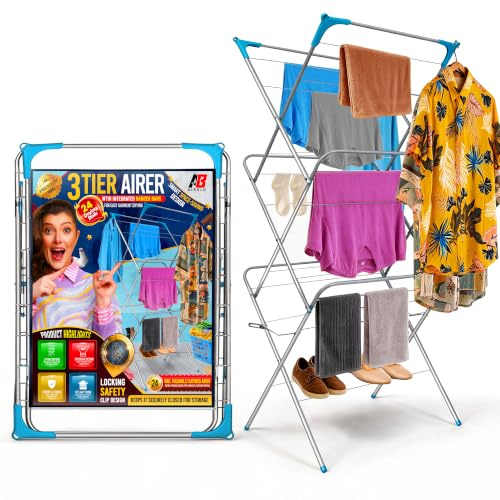 AIBULO Heavy Duty Clothes Airer 3 Tier | 24 Rail Foldable Drying Rack Indoor Outdoor | Non-Slip Feet, Corner Hanger Spaces | Laundry Clothes Horse, Holds Up to 15KG | Space Saving Airers Rack