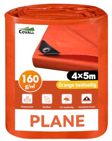 COVALL Orange Tarpaulin 4m x 5m, Waterproof Heavy Duty Tarp 160GSM, UV Protection, Reinforced Eyelets, Tear Resistant, Ground Sheets, Multipurpose Outdoor Garden Trailer Cover
