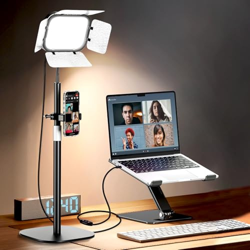 EMART LED Desk Ring Light,CRI 97+ Photo light with Stand Phone Holder-15W | 11 Adjustable Brightness Levels Laptop Lamp,3200K/5600K Studio light for Zoom Meeting/Streaming/Recording/Photography