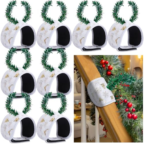 8 Pcs Railing Protection Christmas Garland Ties, White Decorative Banister Garlands Hanger, Adjustable Banister Protective Padded Faux Pine Stems Garland Ties for Staircase Wreath Home Holiday Decor