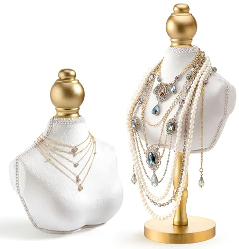 AceOrbit 2 Pcs Vintage Velvet Necklace Display Stand Mannequin Velvet Jewelry Necklace Holder Elegant Decor for Wedding Jewelry Selling Trade Shows(White,13.8 and 6.7 Inches)