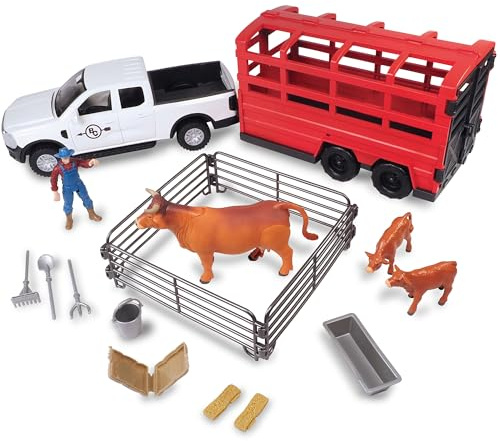 Big Country Toys: Truck & Cattle Trailer Adventure - 18pc Farm Toy Playset, Light-Sound White Pickup, Articulated Animals & Rancher Figure, Kids 3+