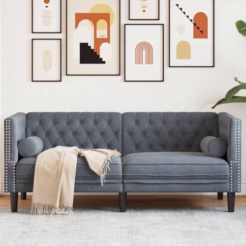 Teenpull Chesterfield-soffa 2-sits, mörkgrå sammet, med nackrullar, lyxig vardagsrumsmöbler, bekväm stoppad soffa för snygg atmosfär