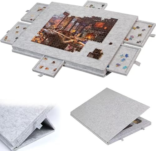 Pusselbräda med 6 lådor och lock, upp till 1500 bitar, lätt bärbar filtbräda med justerbart stativ, för vuxna barn beige 1500 pieces