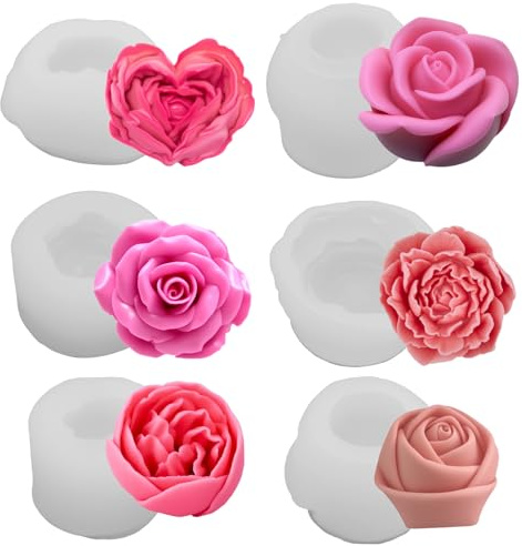Hoypeyfiy 6-teiliges Silikon Kerzenform Set, 3D Fondant Silikonform mit Rosenblättern, Geeignet für Seife, Kerzen, Kuchen, Süßigkeiten und Desserts