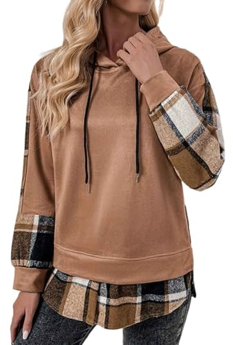 Sweat à capuche pour femme gothique Y2k Grunge Punk Pull japonais Scene Emo Scene Plaid Patchwork Sweat à capuche avec couleur contrastée Manches longues Sweat-shirt basique Pull à capuche, Z1 Café, S