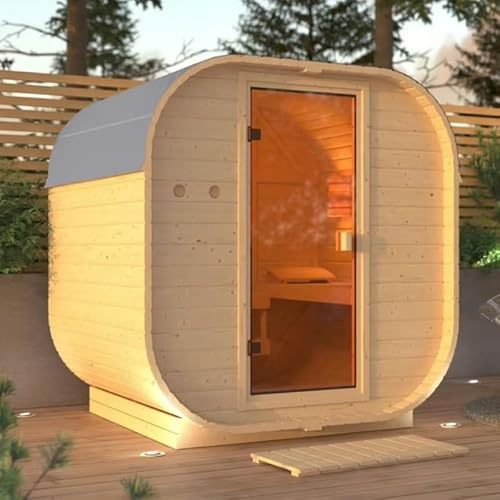 Karibu Sauna d'Extérieur Tonneau Quadro 1 | 2-4 Places, Épicéa Nordique, 199x175 cm | Poêle Électrique 9 KW, Porte Vitrée, Plancher Inclus | Structure Robuste 38mm