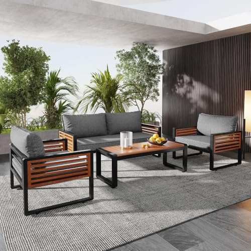 I0I&I0I Brandless Garten Loungeset 4 Teilig Mit Tisch Sitzgruppe Mit Sofa 2 Sessel Stahlrahmen Mit Holz Armlehnen Für Terrasse Balkon Garten Robust (Antique Gray + Iron)