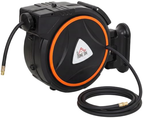 HOMCOM Avvolgitubo Automatico Retrattile 20 m Max 300 Bar Nero e Arancione | Diametro Tubo 13 mm, Montaggio a Parete, Ruotabile di 180°