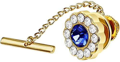 AMITER Mens Crystal Tie Tack with Chain Gold - Ocean Blue Crystal Tie Pin for Necktie for Wedding Birthday Anniversary Party