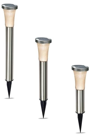Esotec Solar Steckleuchten Wegeleuchte Padua, 3er Set, Edelstahl 102479 | 3 Solar Steckleuchten aus Edelstahl, Höhe=26/35,5/58cm, warmweiß 2800K, bis 8 Std. Leuchtdauer, Erdspieß, wechselbarer Akku