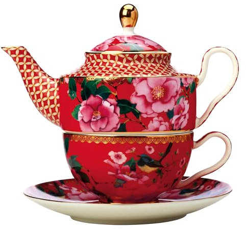 Maxwell & Williams HV0157 Teeservice - 3-tlg - Teekanne, Tasse, Untertasse - TC Silk Road, Porzellan, Geschenkbox - Rot