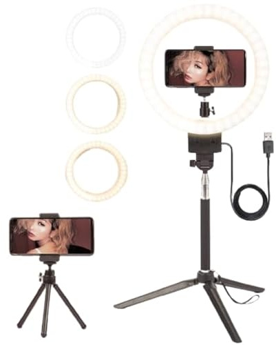 LED Ring Light 9 Selfie Desktop Makeup Mini Ring Light Kit, 4 Dimmable Colour Modes, for Live Streaming Youtube Video TikTok Vlogging Photo Shooting, with Tripod Stand, USB Cable and Remote