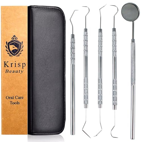 Professional Dental Tools - Dental Pick, Dental Scaler for Tartar Plaque Remover Tooth Cleaner Teeth Scraper Dentist Hygienist Kit Sickle Scaler Teeth Cleaning Set Stainless Steel 5 Pc By Krisp Beauty
