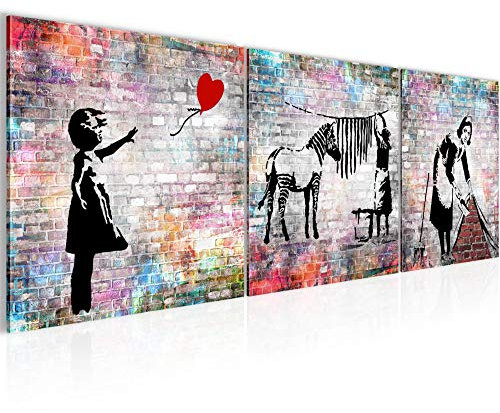 Runa Art - Bilder Banksy Street Art 120 x 40 cm 3 Teilig Wandbild auf Vlies Leinwand Bunt Mehrteilig Modern 029233b