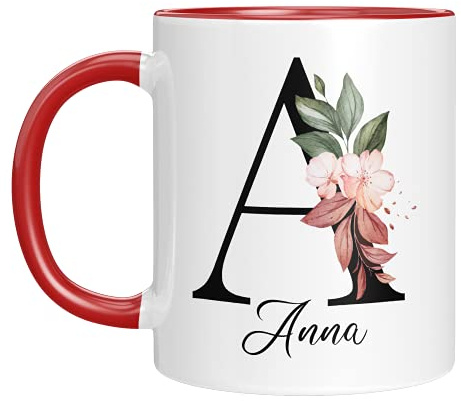 Personalisierte Tasse - Namens-Tasse mit Blumen Motiv - mit Ihrem Anfangsbuchstaben und Namen - personalisiert - Geburtstag - Kaffeetasse - beidseitig bedruckt - Geschenke für Frauen (Rot)
