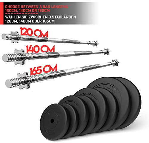 Physionics® Hantelstangen Set - Langhantel 120/140/165cm oder Scheibensätze 2,5/5/10/15kg, Sternverschlüsse, bis 300 kg, verchromt - Langhantelstangen Gewichte Hantelscheiben (Gewichtsscheiben 2x10kg)