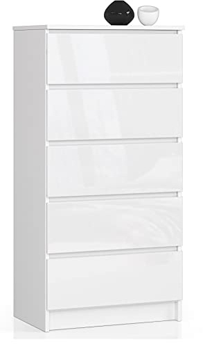AKORD Kommode K60 mit 5 Schubladen | für das Wohnzimmer Schlafzimmer Schrank Büro Arbeitszimmer | Modernes Funktionales Design | B60 x H121 x T40 cm, Gewicht 39kg | Weiß/Weiß Glänzend