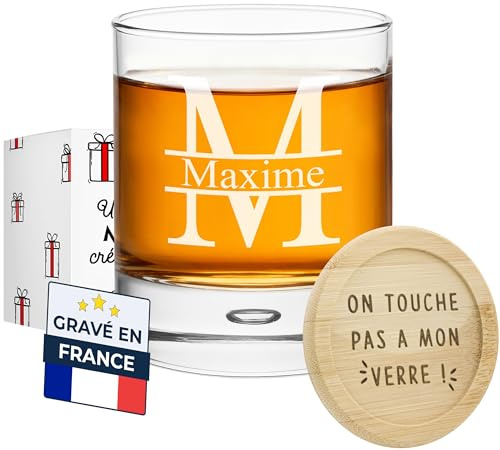 KDO MAGIC - Verre à Whisky personnalisé - Prénom ou Texte gravé - Marquage au Laser - Coffret Verre personnalisable - Cadeau fête des pères, Papa, noël, Homme, Retraite (Majuscule, 1 verre)