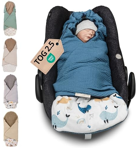 ULLENBOOM® Couverture Nomade enveloppante bébé – siège Auto & Poussette, 0–9 Mois, pour l’Automne et l’Hiver, Baleines Bleues