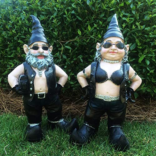Biker Gnome Statue 5.7in,Yard Art Garden Figures Statues for Living Room Balcony,Locomotive Gnome Statue,Resin Motorcycle Gnome Art Sculptures Novelty Couple Decor Outdoor Figurines Lawn(Man+Female)