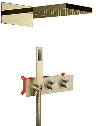 GLYYRLR Duschsystem 550×228 mm Duschset Messing Duscharmatur Regendusche Wand Duschsäule Duscharmatur mit 2 Funktionen Duschkopf, Handbrause,Brushed Gold