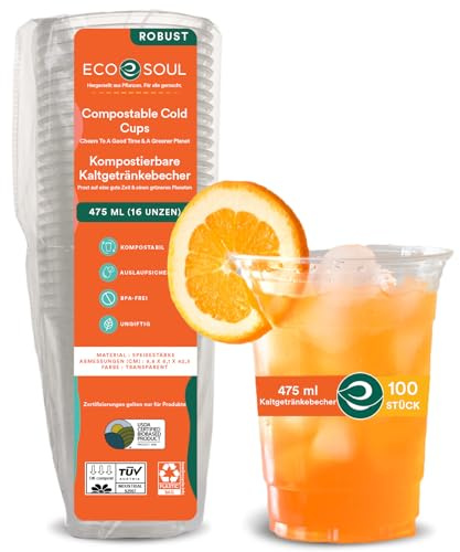 ECO SOUL 100 Pack Compostable Party Cups 16 oz Plant-Based Disposable Clear Cold Cup for Wine, Coffee, Smoothie & Soda Drinks | Cocktail Parties & Birthdays | Non-Toxic & BPA-Free Zero Plastic Glass
