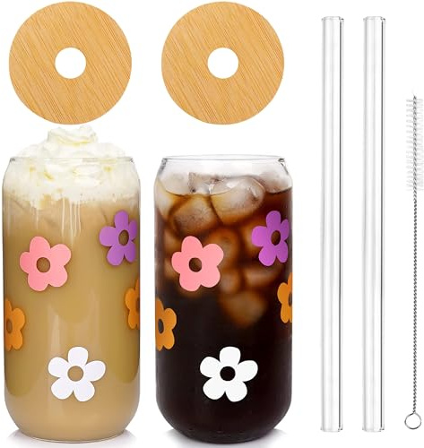 Anplus Beer Can Glass with Lids and Straw, Valentines Day Gift for Women 18OZ Drinking Glasses, Iced Coffee Glasses Cup, Smoothie Tumbler Glass