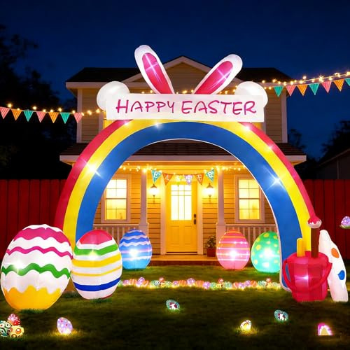 Danxilu 10 FT Easter Inflatables Decorations, Bunny Inflatable Rainbow Archway with LED Lights Blow Ups Yard Decoration for Holiday Party Indoor Outdoor Garden Lawn Décor