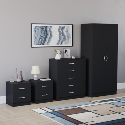 Vida Designs Riano 4 Piece Bedroom Set - 2 Drawer Bedside Chest, 5 Drawer Chest, 2 Door Wardrobe - Black