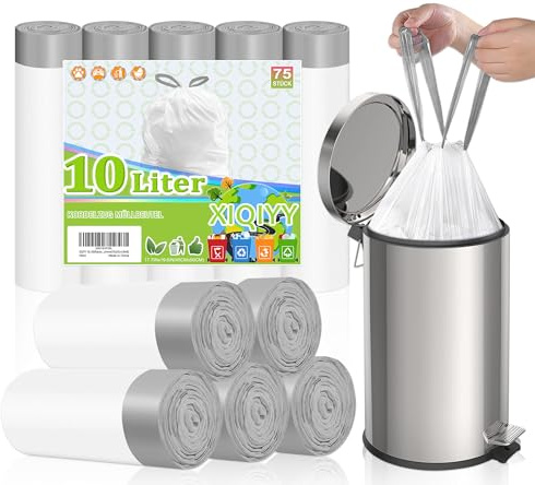 XIQIYY Müllbeutel 10L Weiß Für Bad Und Büro, Mit Zugband, 75 Stück | Kleine Müllsäcke, Reißfest Und Auslaufsicher, Geeignet Für Kleine Innenraum-Mülleimer Im Alltag